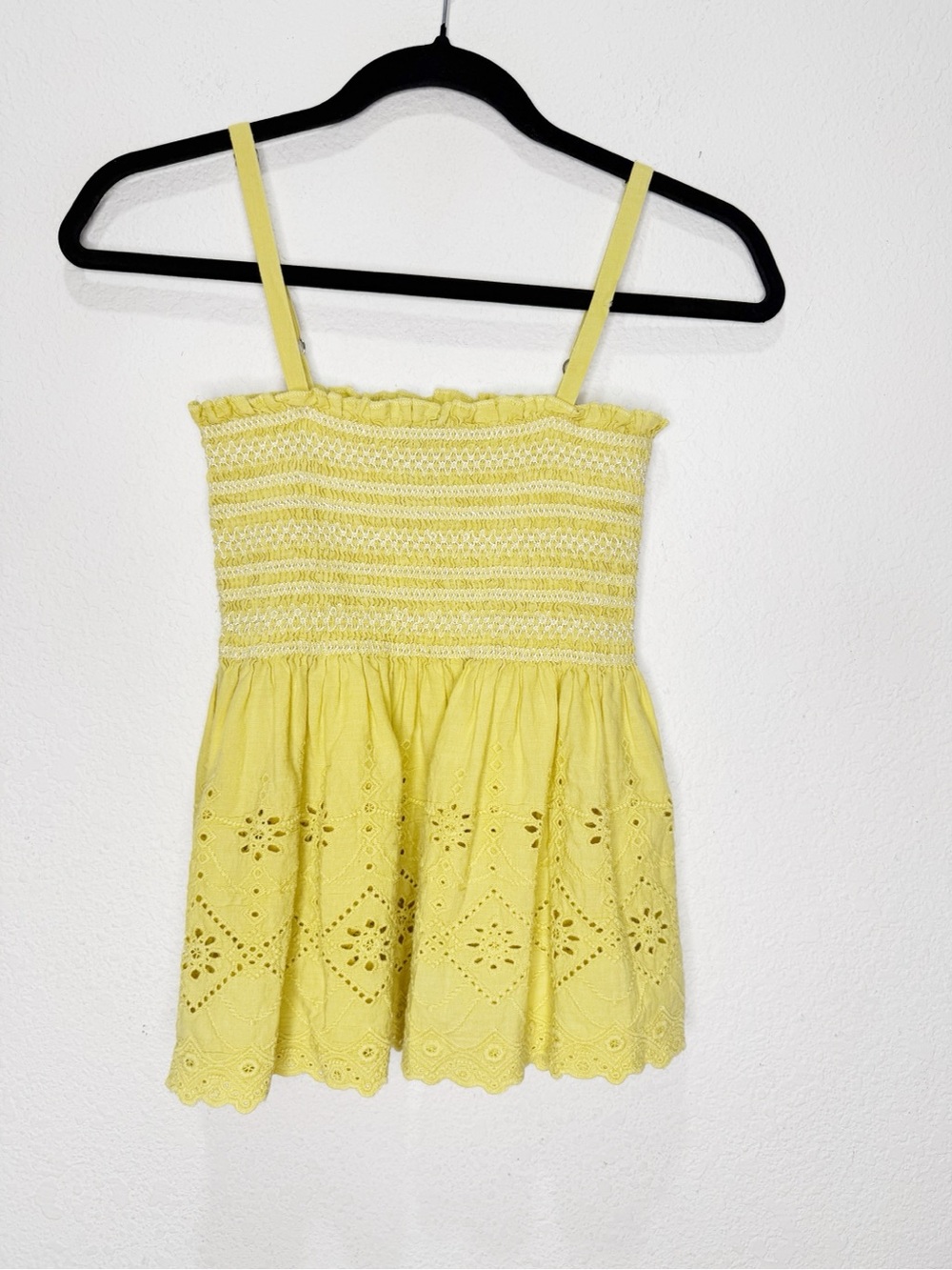 Y2K Smocked Eyelet Peplum Spaghetti Strap Yellow Tank Top